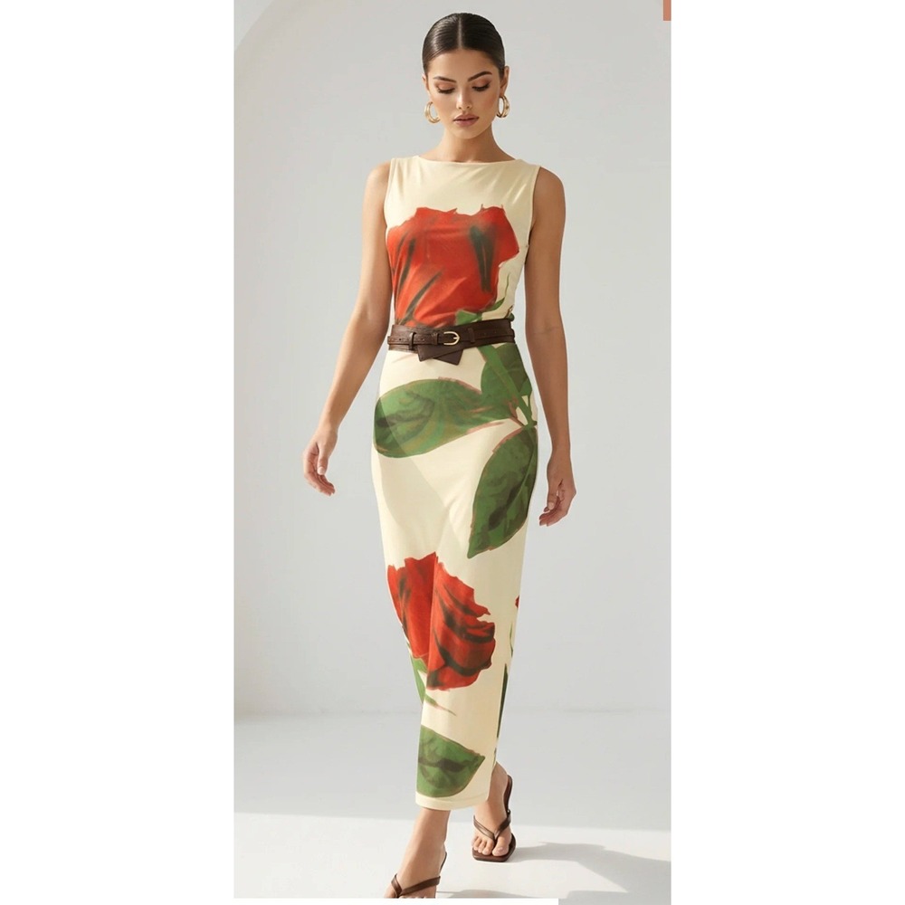 Round Neck Rose Printed Maxi Dress